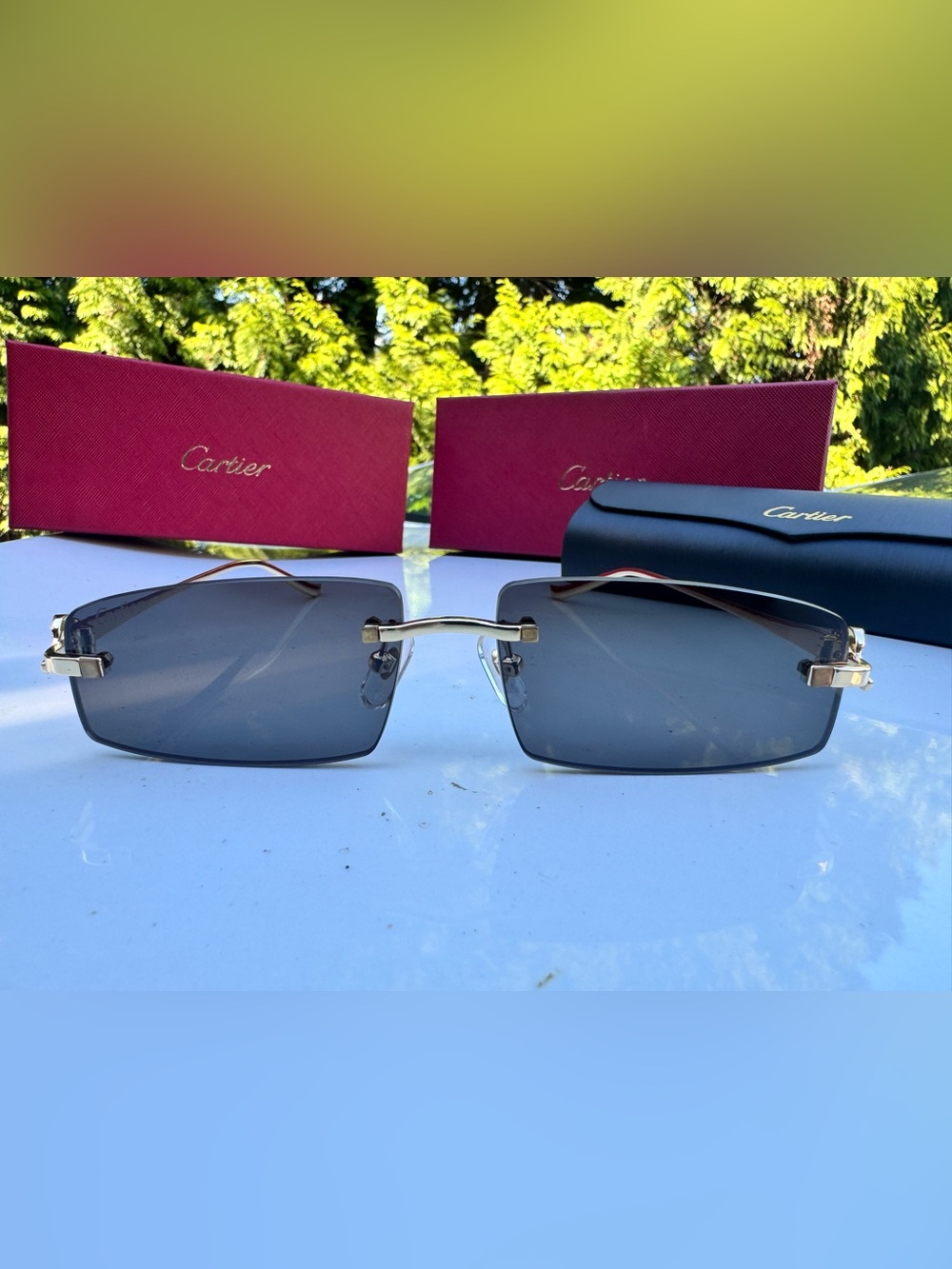 Cartier Men’s Rimless Sunglasses with Gray Lenses and Gold Bridge